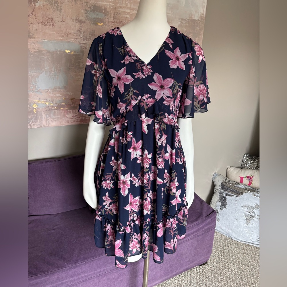 Manydress Elegant Blue, Pink, White Floral V-Neck Mini Dress‎ Size Small